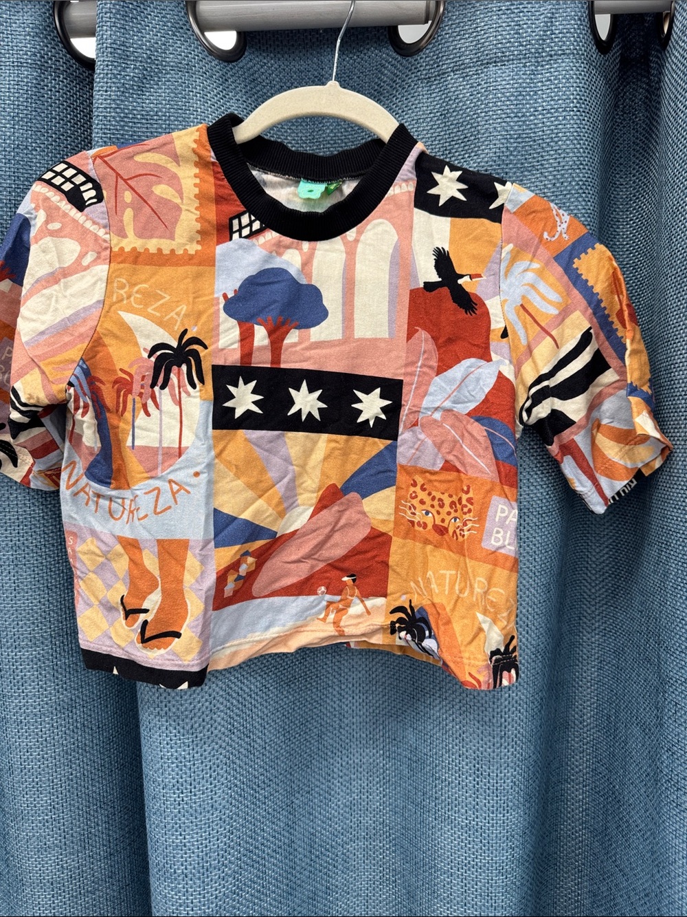FARM Rio Multicolor Graphic Crop Tee with Black Trim